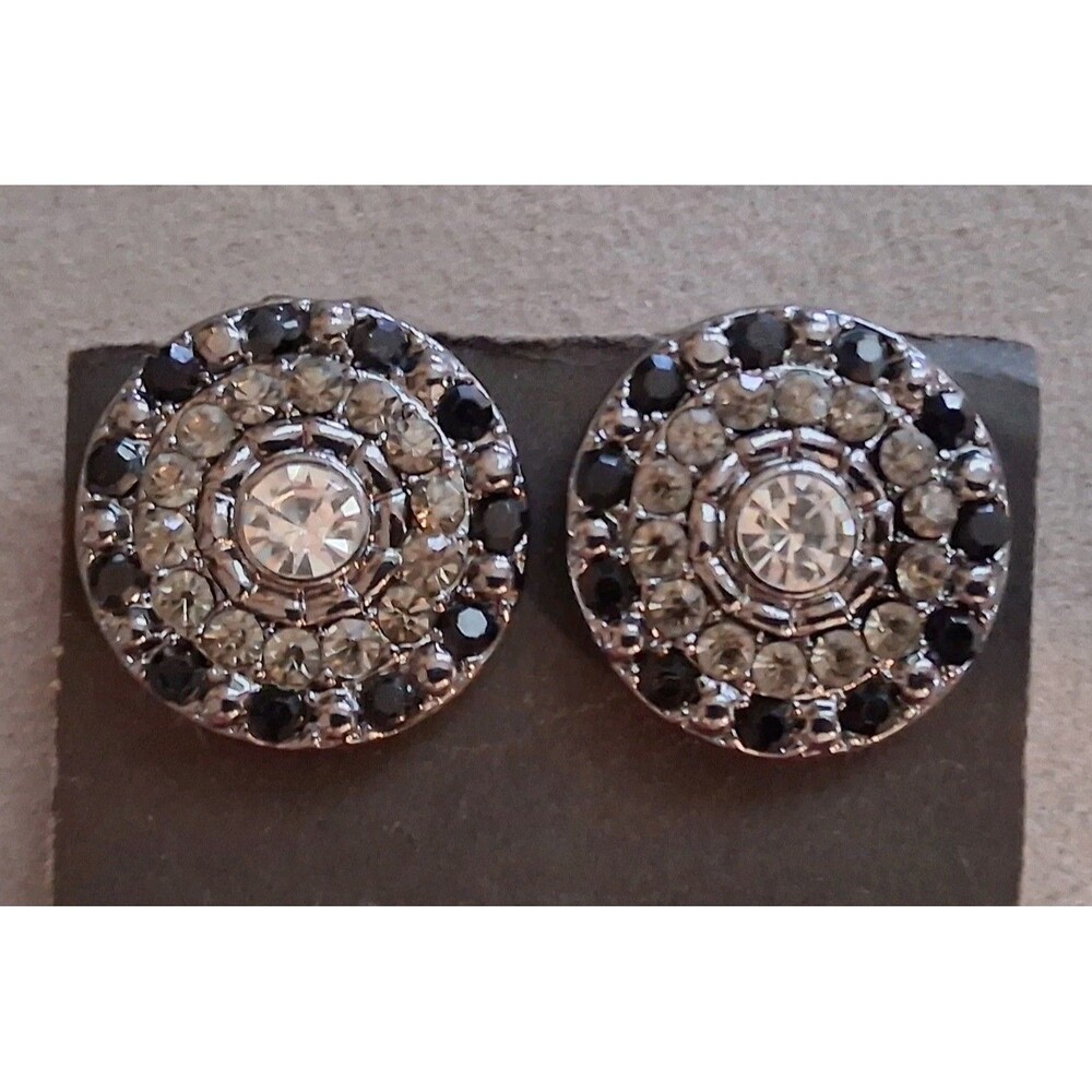 black & smokey rhinestone gunmetal gray clip on earrings round bullseye style